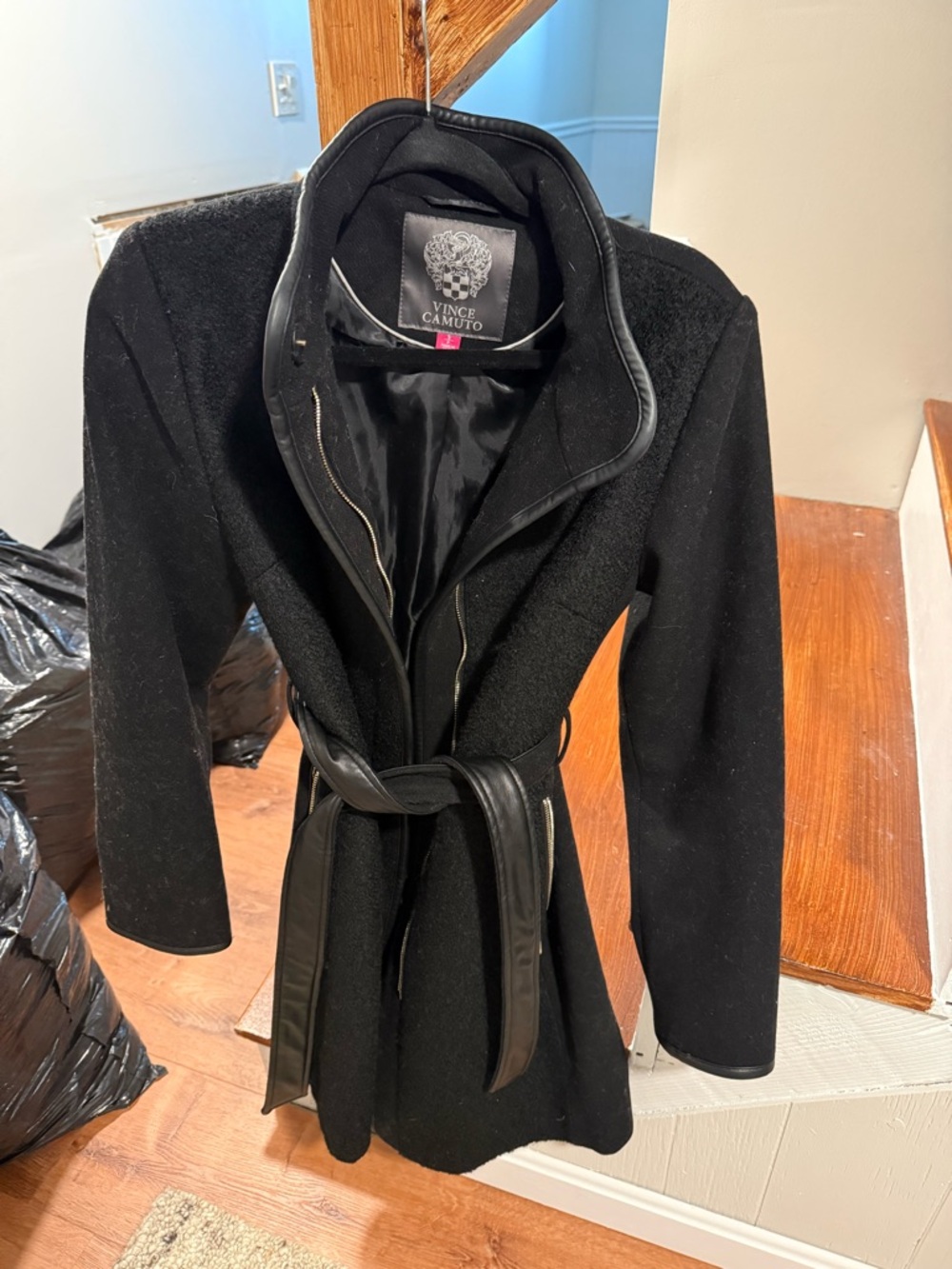 Vince Camuto Black Wool-Blend Belted Trench Coat